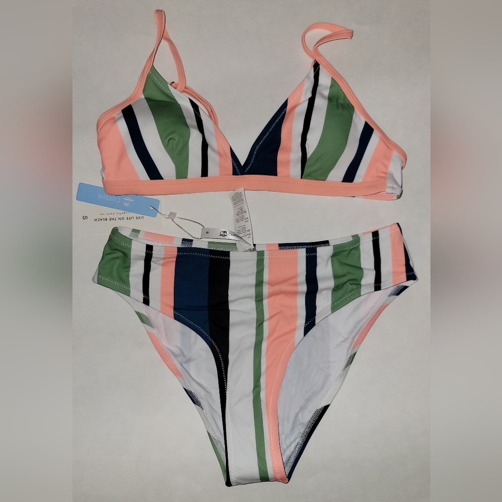 Cupshe Coral Green Navy Striped Triangle Bikini Set